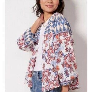 Evereve Penny Open Front Floral Kimono Top Linen Blend Jacket White Blue XS / S